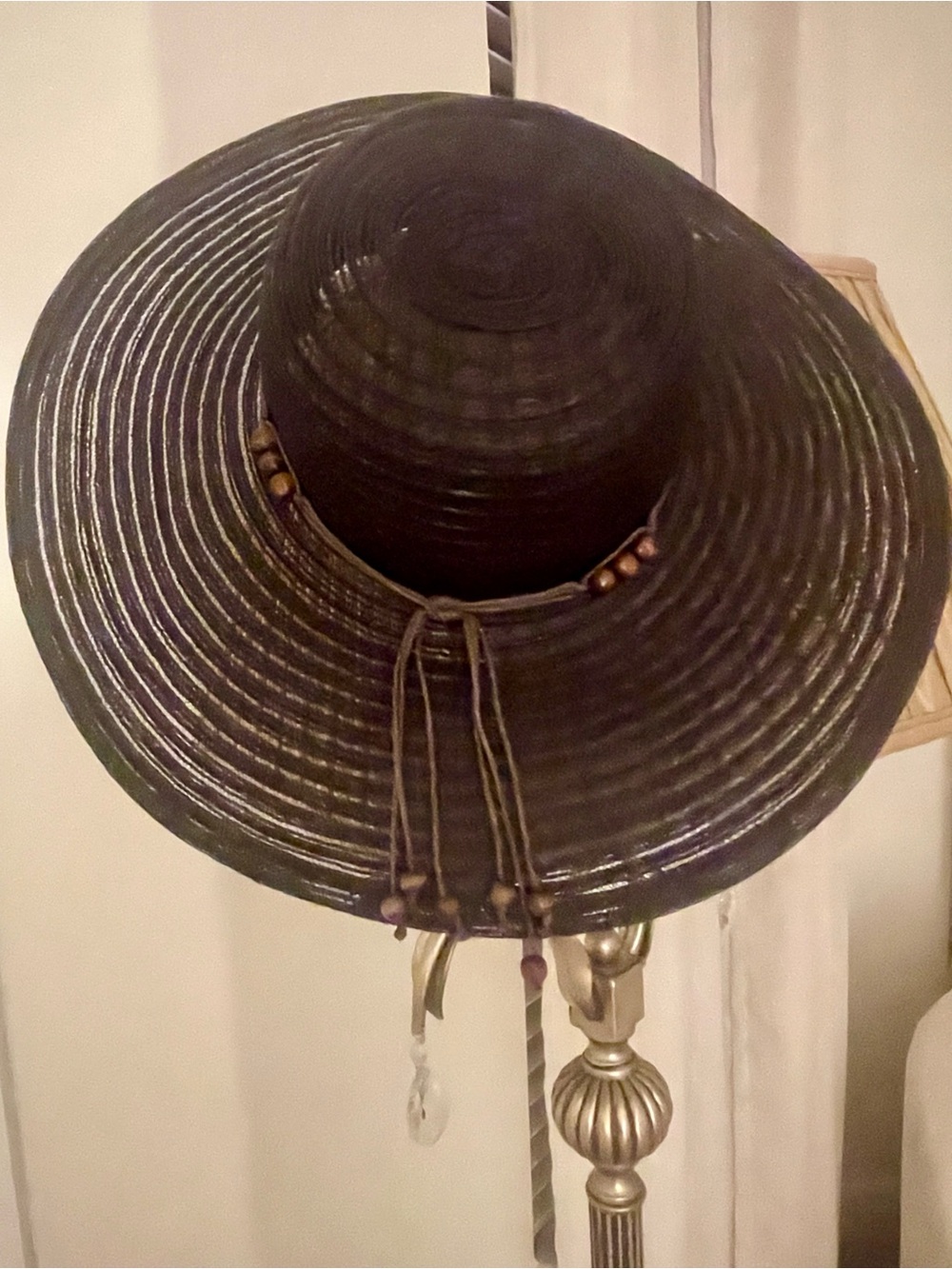 Wide-Brim Black Straw Sun Hat with Bead-Trim Tie